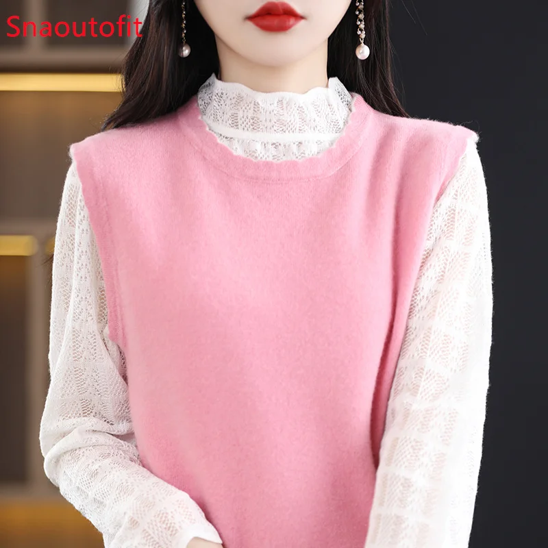 

Lacework Round Neck Pure Wool Knitted Vest Women's Sleeveless Pullover Cashmere Sweater 2023 Spring and Autumn Loose Overlay Top