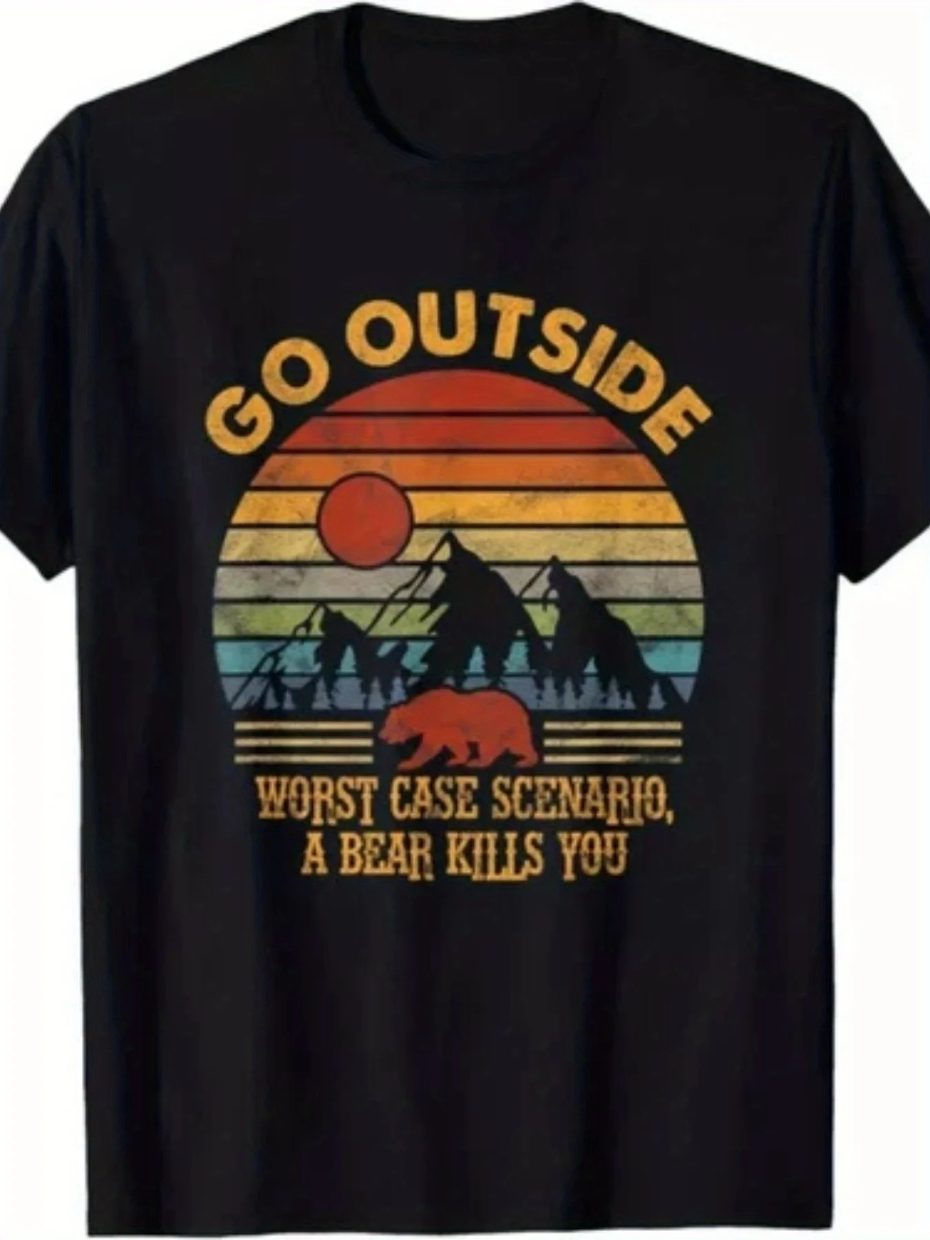 Men's Funny Bear Hunting T-Shirt - Worst Case Scenario Bear Design With Mountain Sunset Graphic - Retro Outdoor Tee Suitable For