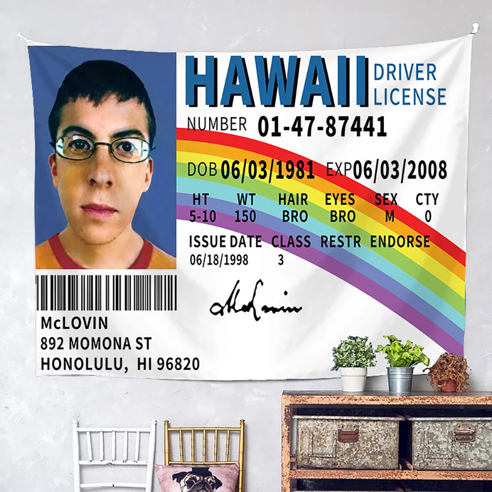 1 Stück lustige McLovin-ID-Flagge, gefälschter Führerschein, Wandteppich, Banner, Meme-Wandteppich mit HD-Druck, coole Flaggen für Studentenwohnheimzimmer D