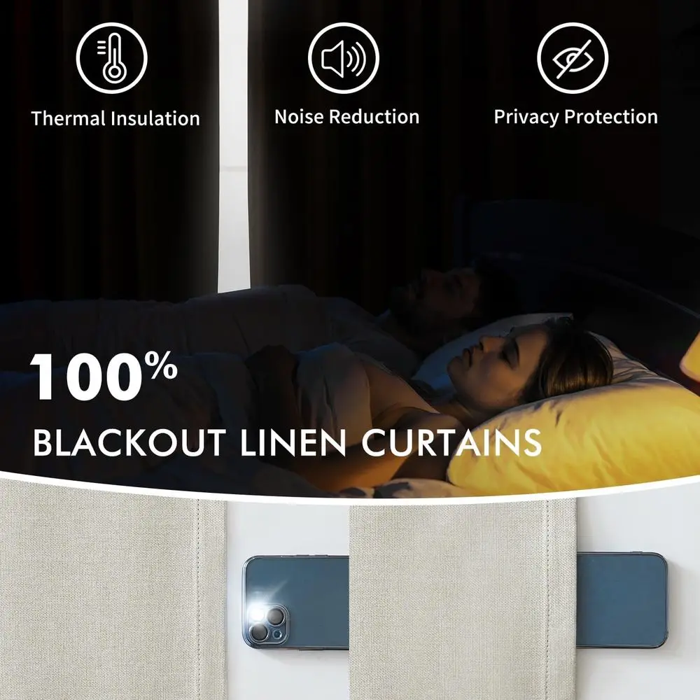 Zasłony zaciemniające z potrójnymi zakładkami, długość 244 cm, zestaw 2 paneli, kremowe zapięcie na sznurki, naturalny kolor, do sypialni i salonu