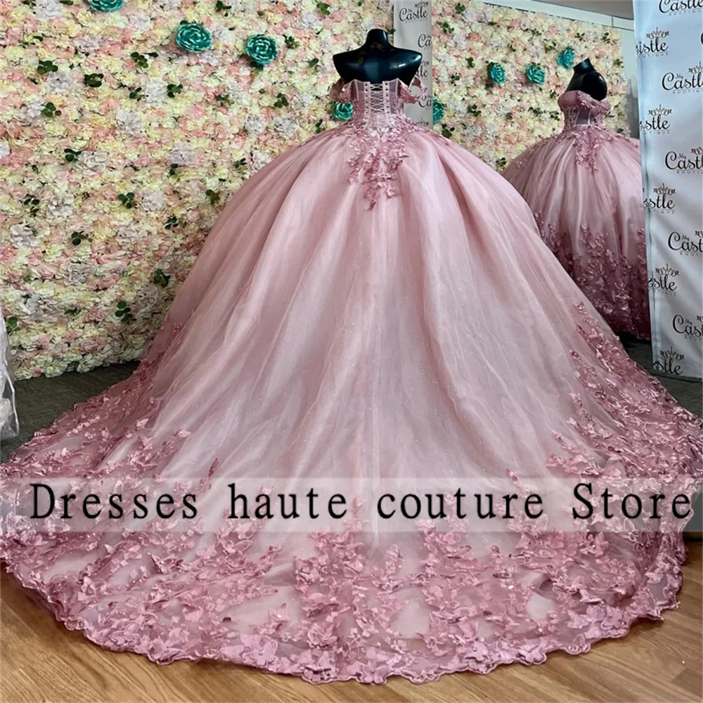 Pink Tulle Appliques Quinceanera Dresses 2025 Lace Beaded Sweet 16 Dress Birthday Party Dress Customized Vestidos De XV Anos