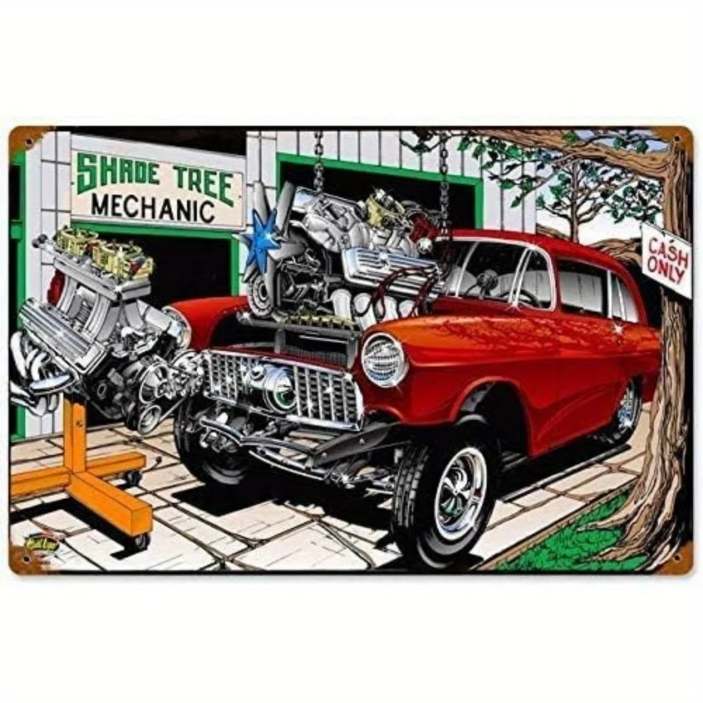 Tin Sign Vintage Chic Art Decoration Poster Hot Rod Drag Race Car Tree Mechanic for Store Bar Home Cafe Farm Garage or Club