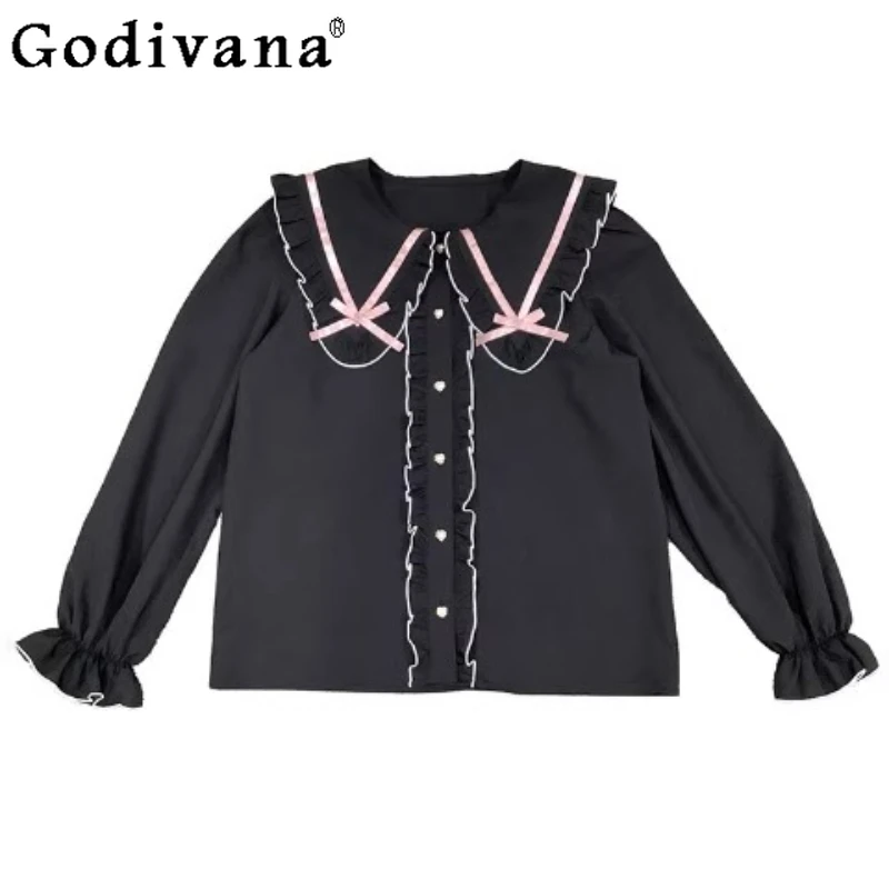 

2025 New Japanese Long Sleeve Elegant Navy Collar Bow Ruffles Cute Shirt Sweet Girls Age-reducing Versatile Loose Black Top