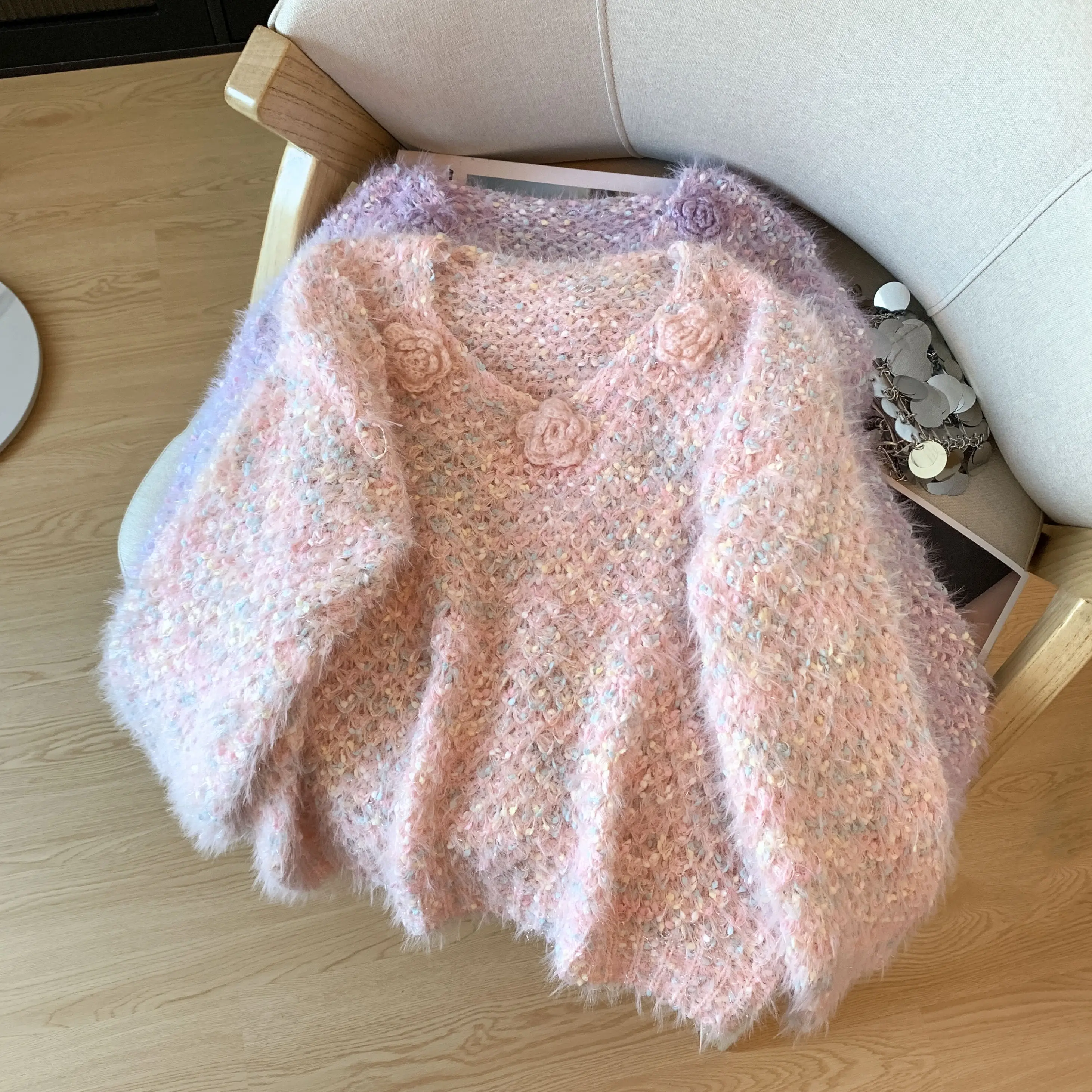 

Мягкий уютный женский вязаный свитер розового цвета с 3D цветочным дизайном, осень-зима, V-Ne Long Sve, теплый свитер из искусственной норки из полиэстера