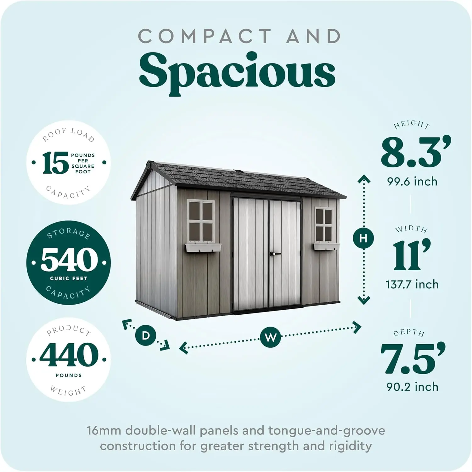 11x7.5 Ft All-Weather Storage Shed with Skylight, Windows, Built-in Ventilation, Customizable Walls, & Lockable Double Doors