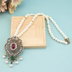 Vintage Flower Strand Bead Pendant Necklace Set Women Antique Simulated-pearl Chain Turkish Bridal Indian Wedding Resin Jewelry