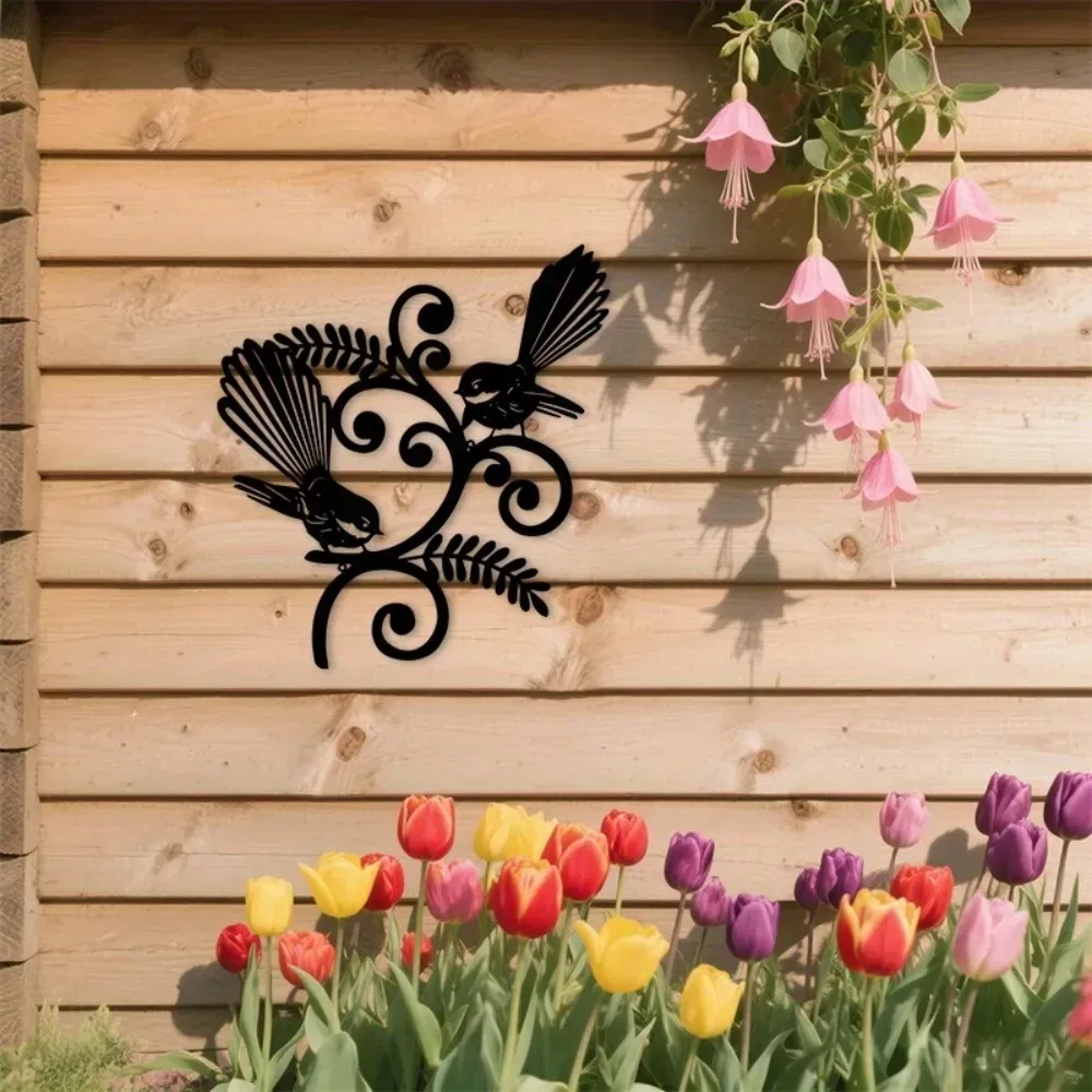 Arte de pared de metal con diseño de pájaros Fantail, silueta negra 2D, decoración para jardín y patio, estilo neozelandés, regalo