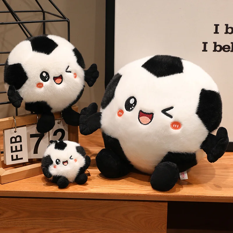 Stuffed Toy Soccer Ball Plush With Winking Face Pink Cheeks And Panel Pattern For Bedside Shelf Or Office Desk Decor
