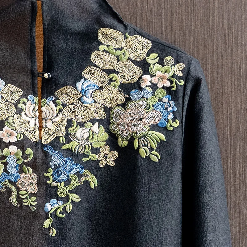 New Chinese-Style Tencel Embroidered Floral Hollow-Out Elegant Blouse for Women, 2026 Autumn New Product, National Style, Fashionable Long-Sleeve Top