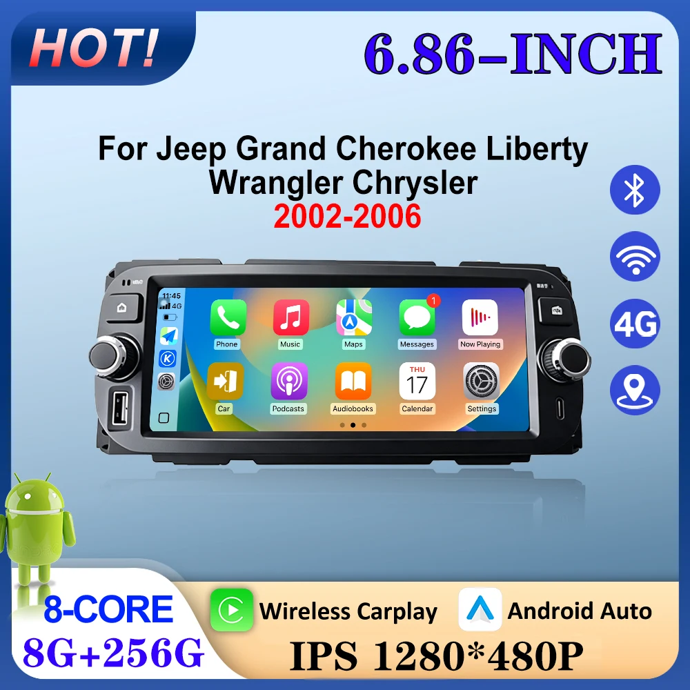 6.86inch Car Video Multimedia Player For Jeep Grand Cherokee Liberty Wrangler Chrysler 2002-2006 GPS Navigation Wireless Carplay