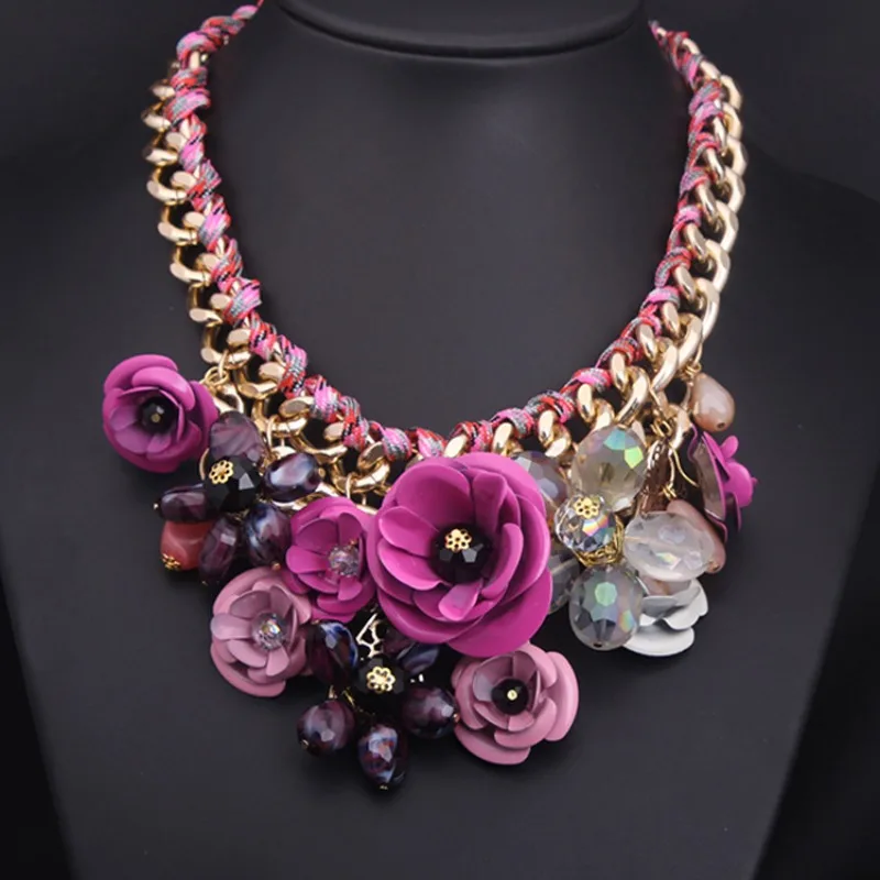 

Colored Flowers Gemstone Pendant Cotton Rope Woven Necklace Short Clavicle Exaggerated Women's Accessories
