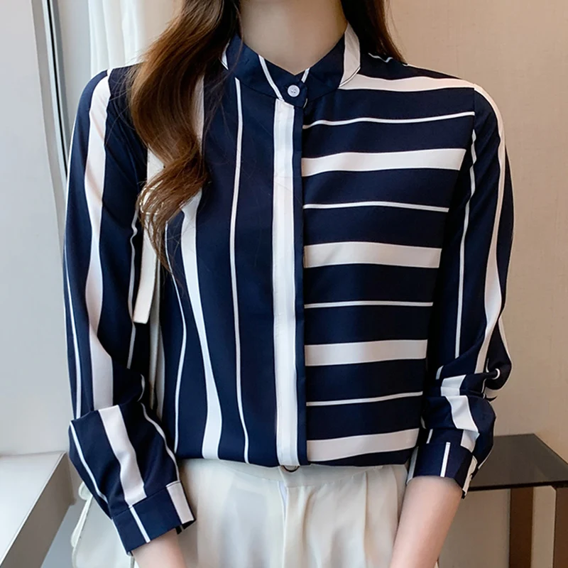 Frühling Frauen gestreifte Chiffon Bluse Hemd Langarm Bluse Frauen Blusas Mujer de Moda 2024 Blusen Frauen Tops Shirts F273