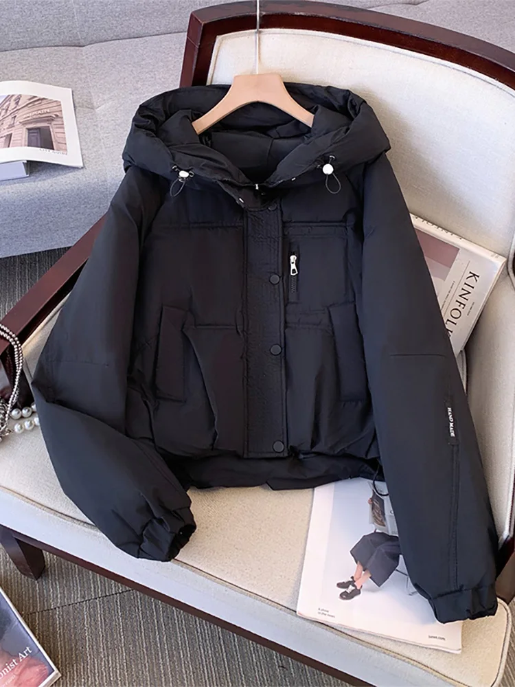 

Bla down Cotton Jaet Women's Winter New Sle Small Size Trendy Workwear Coat Hooded Cotton Padded Long Sve Zipper