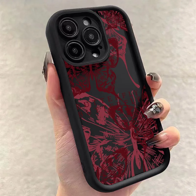 

Trendy Butterfly Pattern Wine Red Shockproof Phone Case For iPhone 15 14 12 11 13 16 Pro Max X XR XS 7 8 15 Plus SE2 TPU Cover