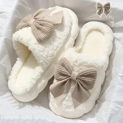 Cotton Slippers For Women Autumn and Winter Indoor home anti-slip plush Casual Bow Shoes Bedroom Flat Heels Fluffy Slides
