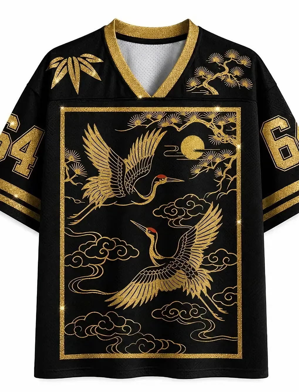 Men's Golden Crane Chinese Cloud Pine Tree Print V-Neck Football Jersey Short Sleeve Tee