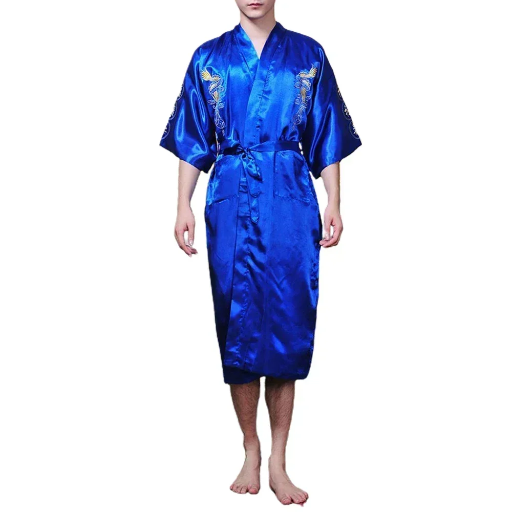 Silk Kimono Bathrobe, Chinese Dragon Design, Men\'s Sleepwear Gown, Satin Fabric, Navy Blue/Red/White/Black/Blue