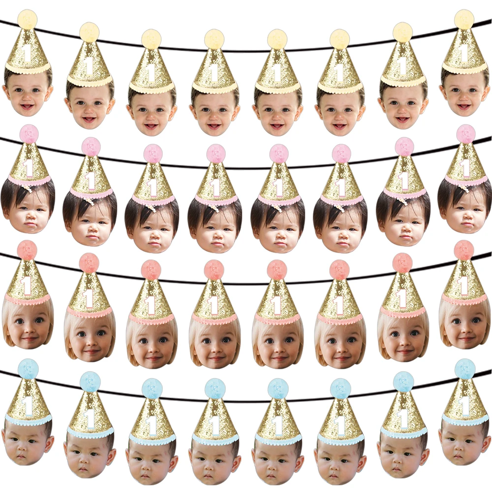 Banner de fotos de cara de cumpleaños personalizado, cartel de sombrero de cumpleaños con purpurina rosa/azul/púrpura/dorado, decoración colgante, decoración de fiesta de 1er cumpleaños para niños