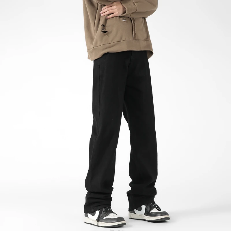 2025 الكورية الخريف جينز بسيط الرجال بلون جميع الأسود عادية السراويل الفضفاضة مستقيم واسعة الساق سراويل جينز الذكور طويلة #6