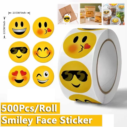 Imagen 1 del producto 500 uds/rollo de pegatinas de recompensa de expresión de cara sonriente divertida de dibujos animados 8 diseños redondos para PC Pad nevera regalo decoración Diy