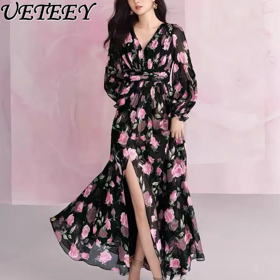 봄과 가을 새로운 프랑스 복고풍 V 넥 로즈 프린트 드레스 휴가 스타일 하이 웨이스트 슬림 긴 소매 플레어 롱 드레스