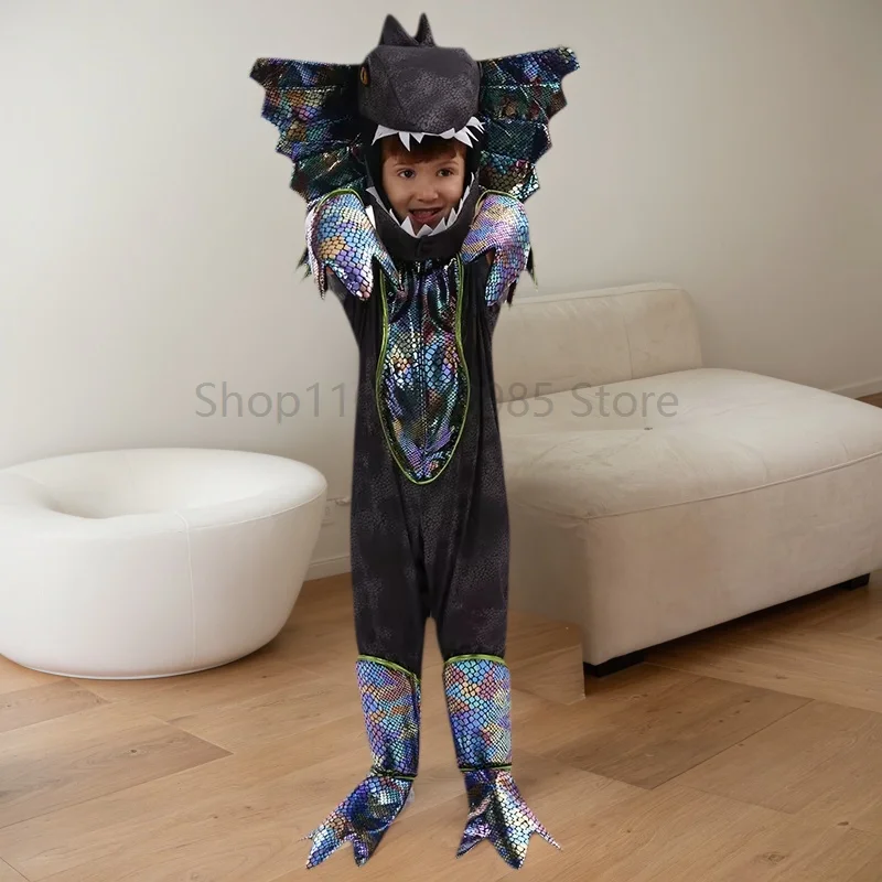 

Dilophosaurus Children Dinosaur Cosplay Costume T-rex Realistic Pajama Romper Holiday Dress Up Themed Party Role Play Suit