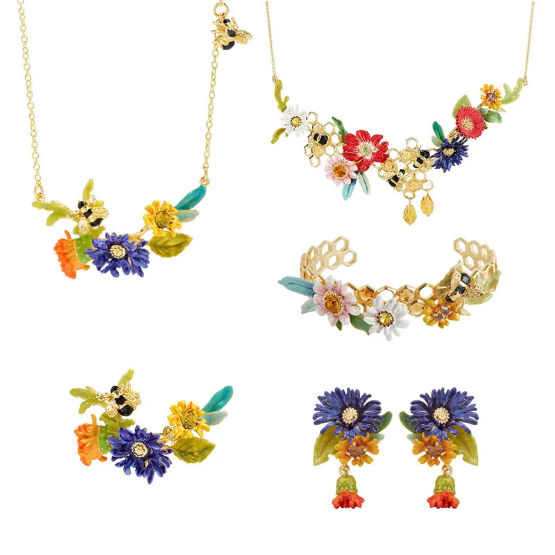 Spring New Arrival Cute Sweet Bee Cornflower Necklace, Bracelet, Earrings, Ear Clip Light Luxury Niche Internet Celebrity Trend