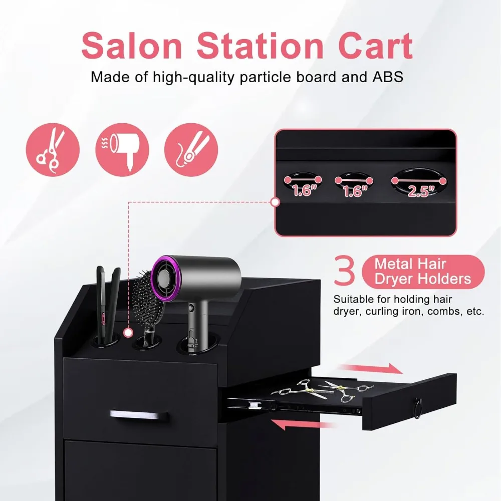 Carrinho de armazenamento para salão de cabeleireiro com rodas e 3 suportes para secador de cabelo, 4 gavetas, fechadura e 2 chaves, estação de ferramentas de cabeleireiro, maquiagem móvel