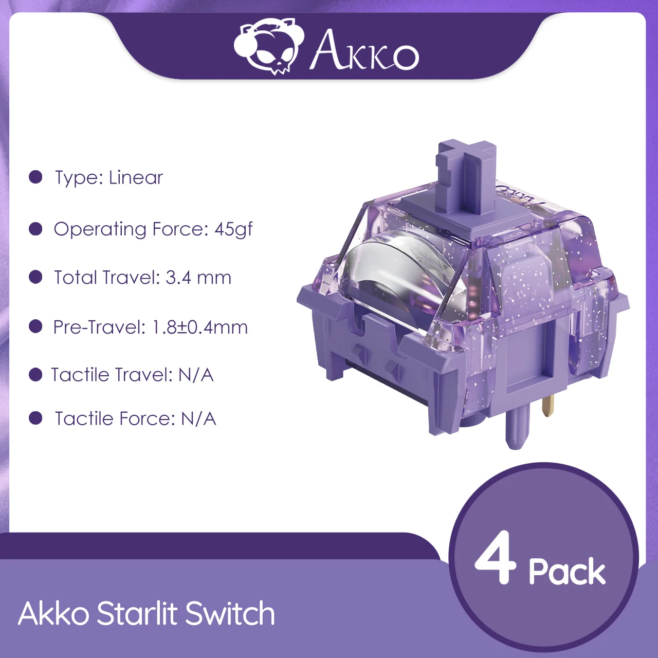 Akko Starlit-schakelaars 5-pins 45gf Lineaire POM-schakelaar met lage bediening Fabrieksgesmeerd Compatibel met MX mechanisch toetsenbord (45 stuks)