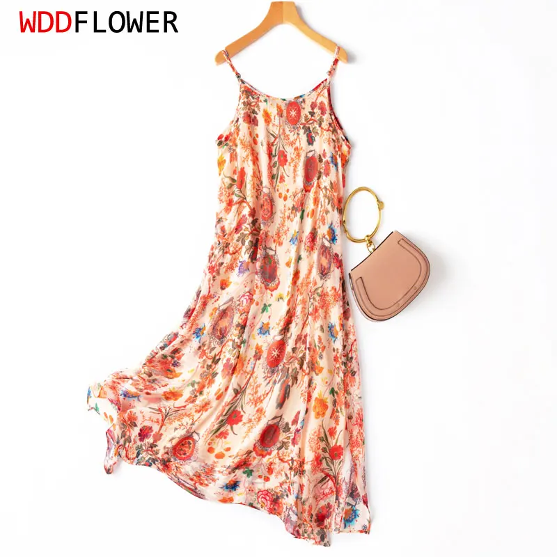 

Women Chemise Dress 100% Mulberry Orange Pink Floral Printed Chic Spaghetti Straps Slip Dresse Summer Beach MM918