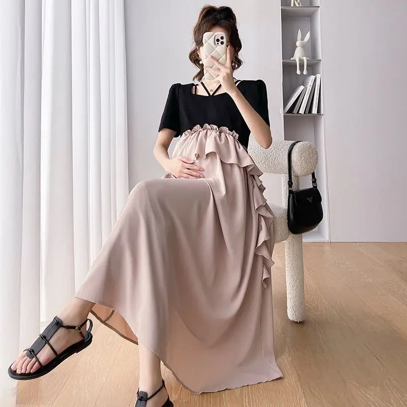 Creative Pregnant Women Dress Summer 2025 New Arrival Short Sleeve Chiffon Maternity Dress Creative Simple Maternity Dress LH007