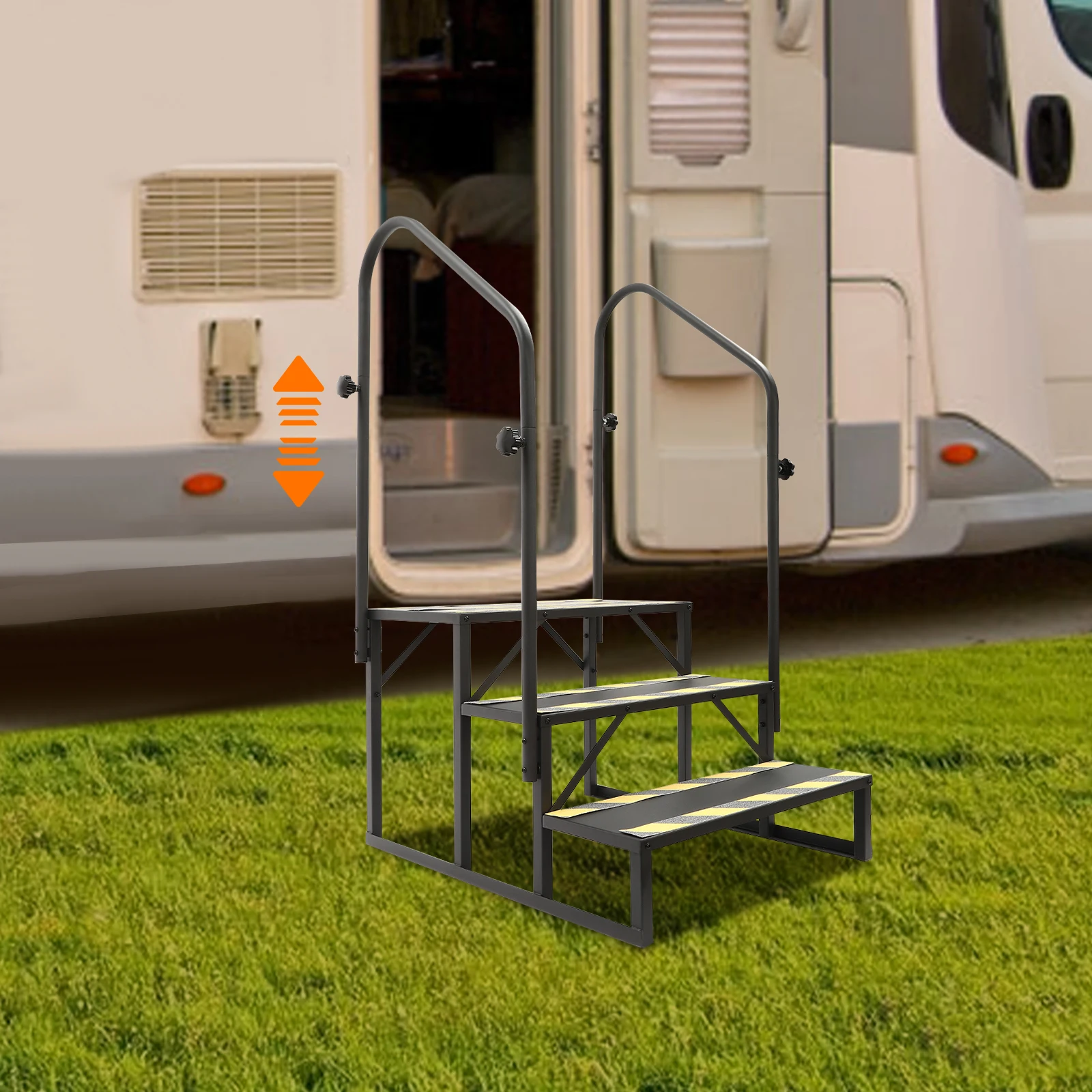 Gradini per camper neri con corrimano Scala per rimorchio da viaggio a 3 livelli Scala mobile pieghevole per casa Passo in acciaio resistente per camper Portico Spa