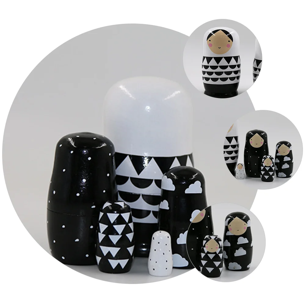 5 Pcs Baby Black and White Matryoshka Child Toy Wooden Puppet Russian Ornament