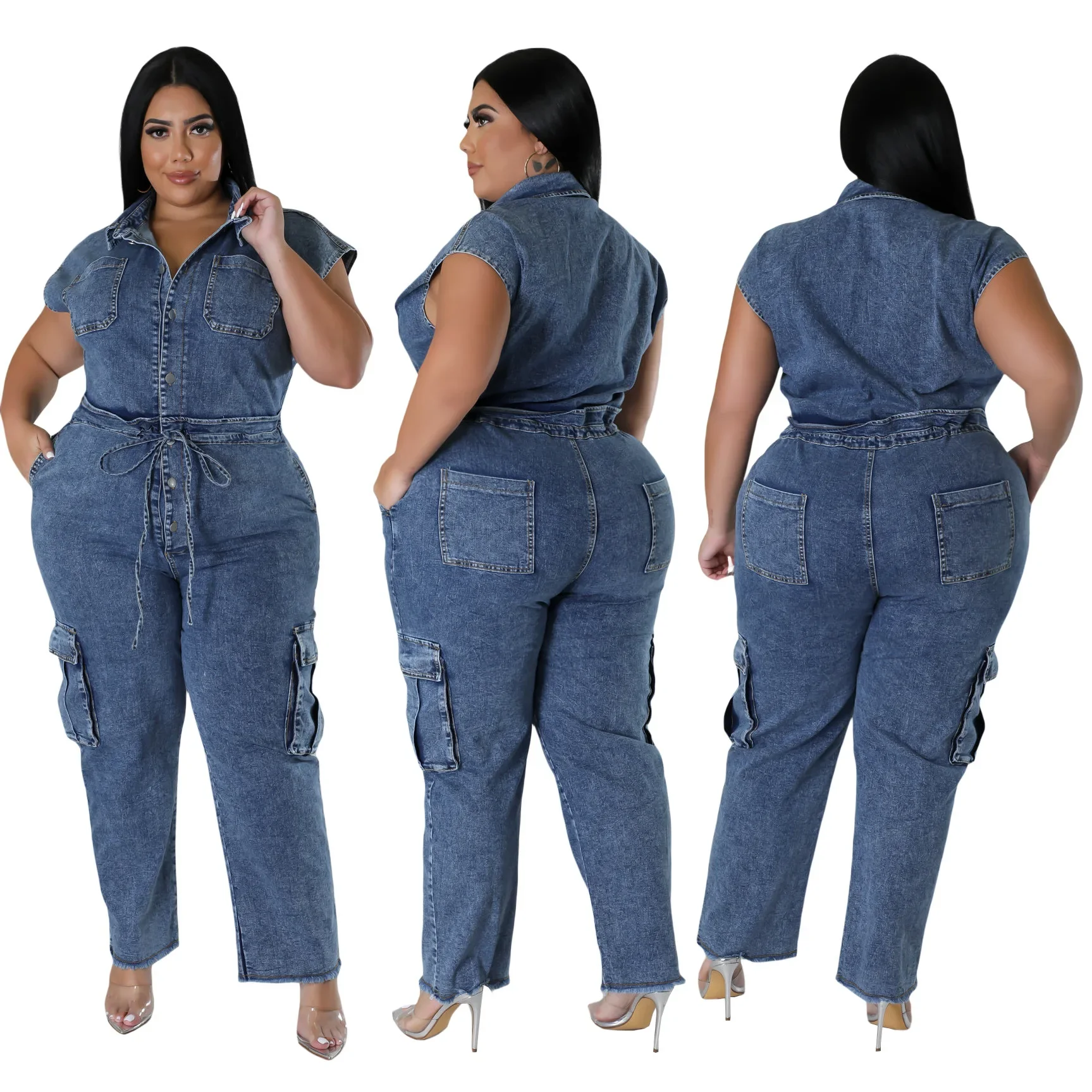 Vrouwen Denim Sjerpen Cargo Jumpsuit Mouwloze Turn-Down Kraag Single Breasted Rompertjes Gewassen Mode Outfit 2024 Zomer