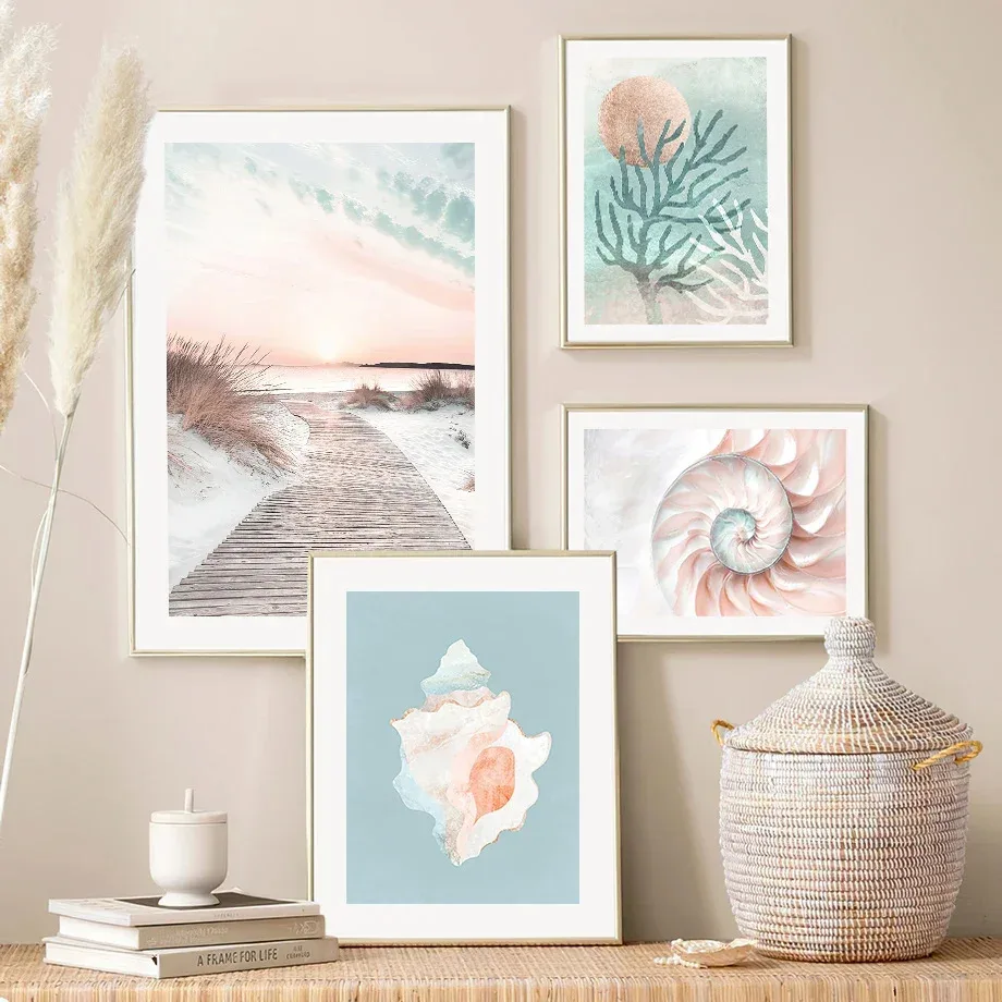 Pink Blue Ocean Shell Conch Coral Landscape Posters Prints Canvas Painting Nordic Wall Art Pictures for Living Room Home Deco