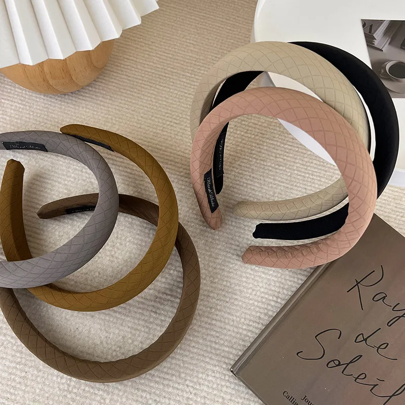 2023 New Korean Style Plaid Sponge Hairbands Wide Solid Color Headband Women Elegant Hair Hoop For Autumn Winter Hair Accesories