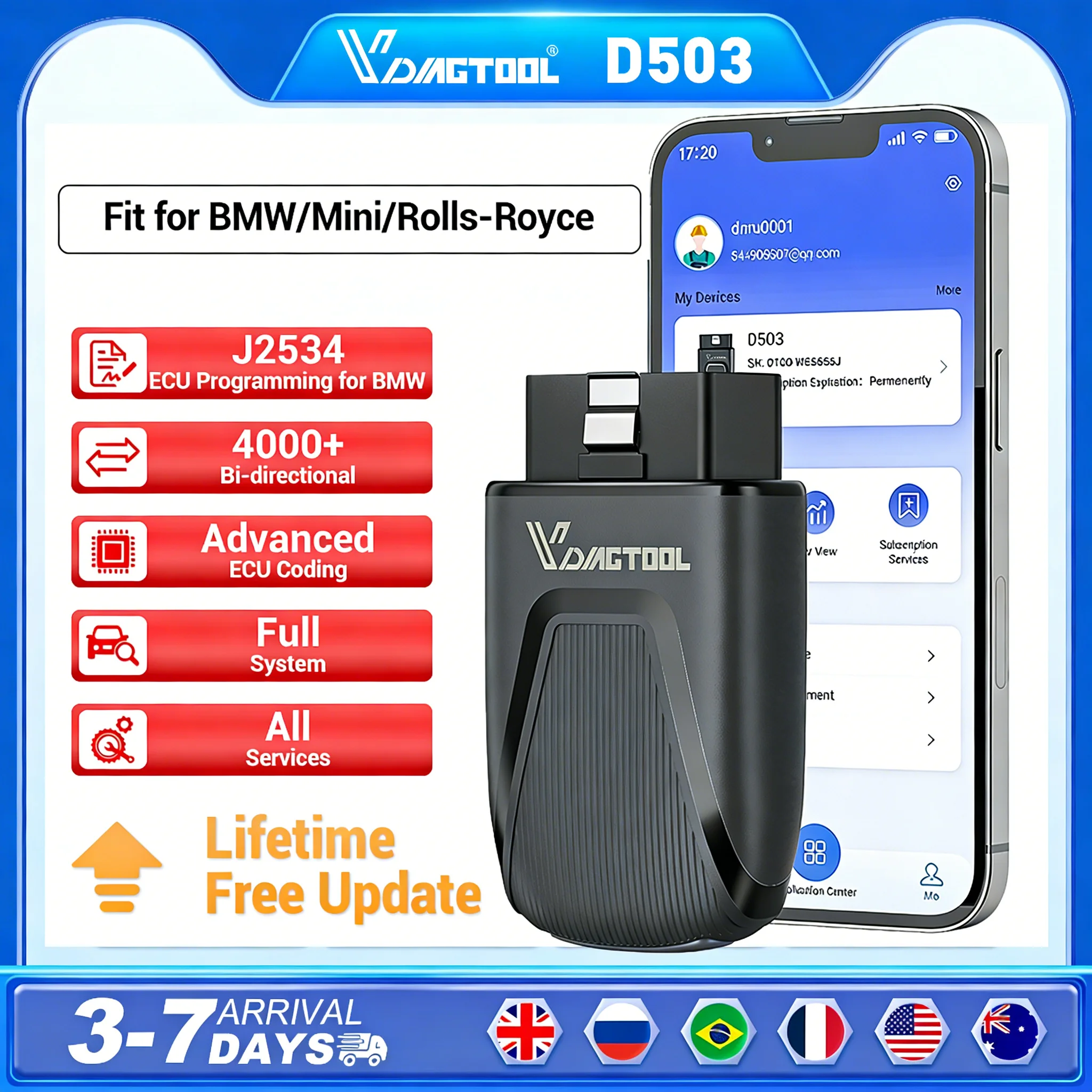 VDIAGTOOL D503 for BMW/Mini/Rolls-Royce OBD2 Scanner J2534 Programming Car Diagnostic 27+Reset Active Test Lifetime Free Update