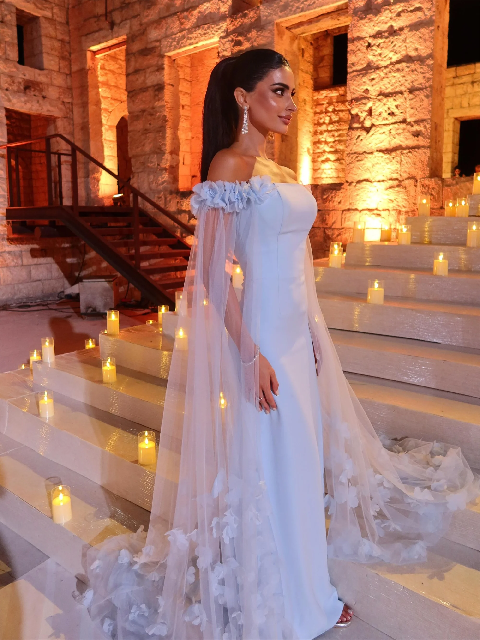 Blauwe Bloem Avondjurken Aangepaste Mode Uit de Schouder Bruiloft Jurk Vrouwen Saudi Arabië Prom Jurk EVON BRIDAL