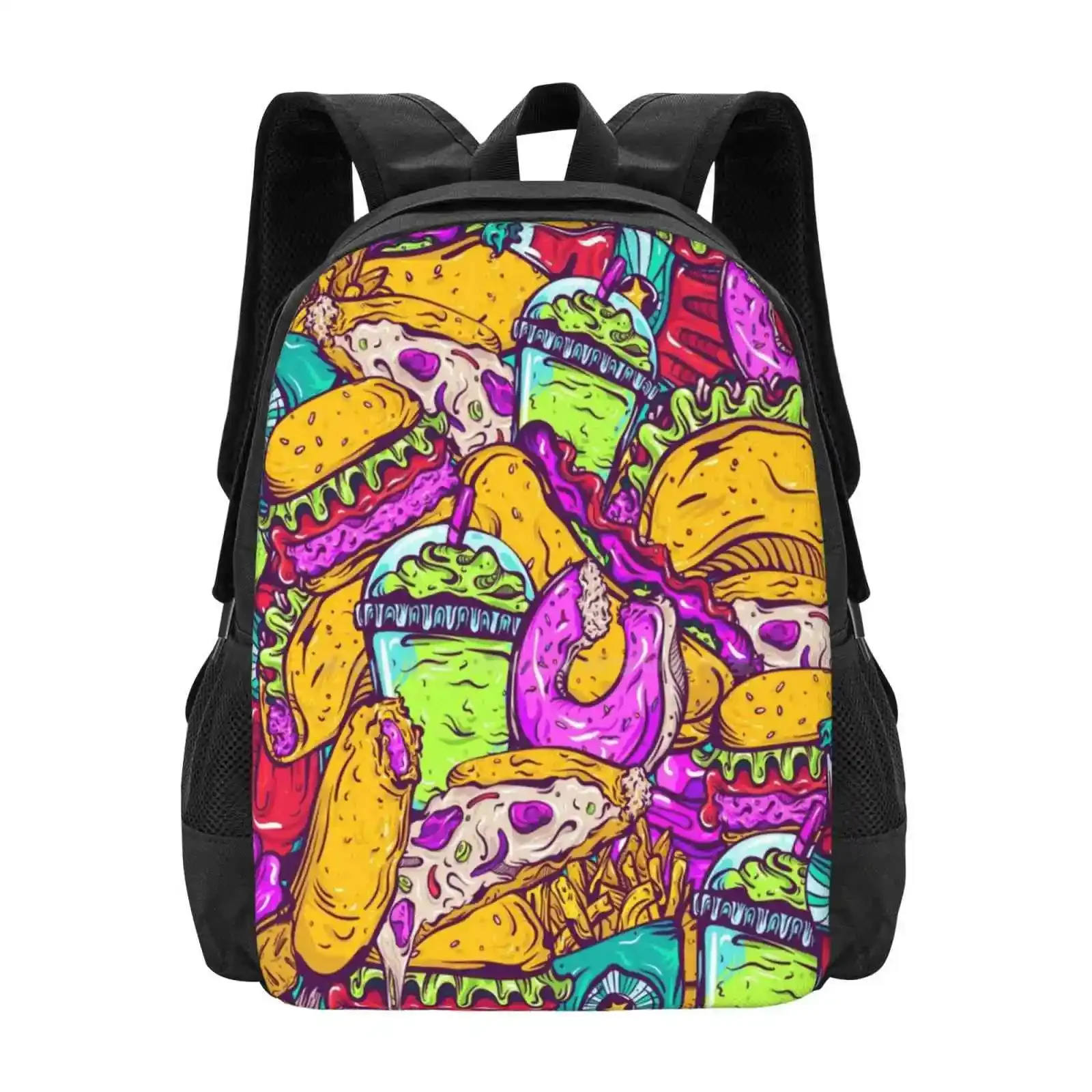 Fast Food Frenzy! Hot Sale Schoolbag Backpack Fashion Bags Fast Food Frenzy Greasy Hamburger Pizza Fries Chips Soda Pop Slushie