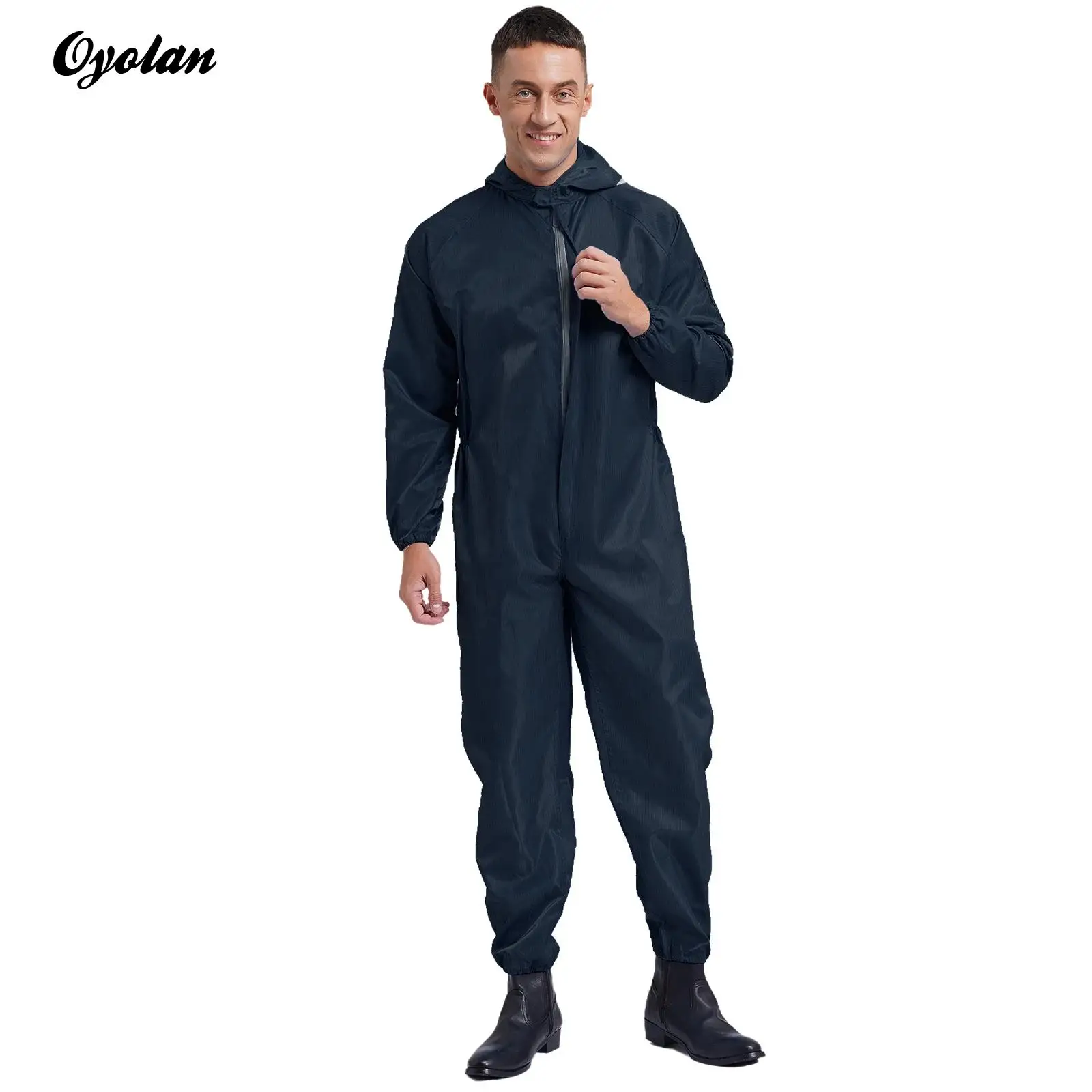 Mens Hooded Overalls Workshop Worker Spray Paint Anti-Static Dustproof Hooded Coverall Front Zipper Full-body Cover Jumpsuit