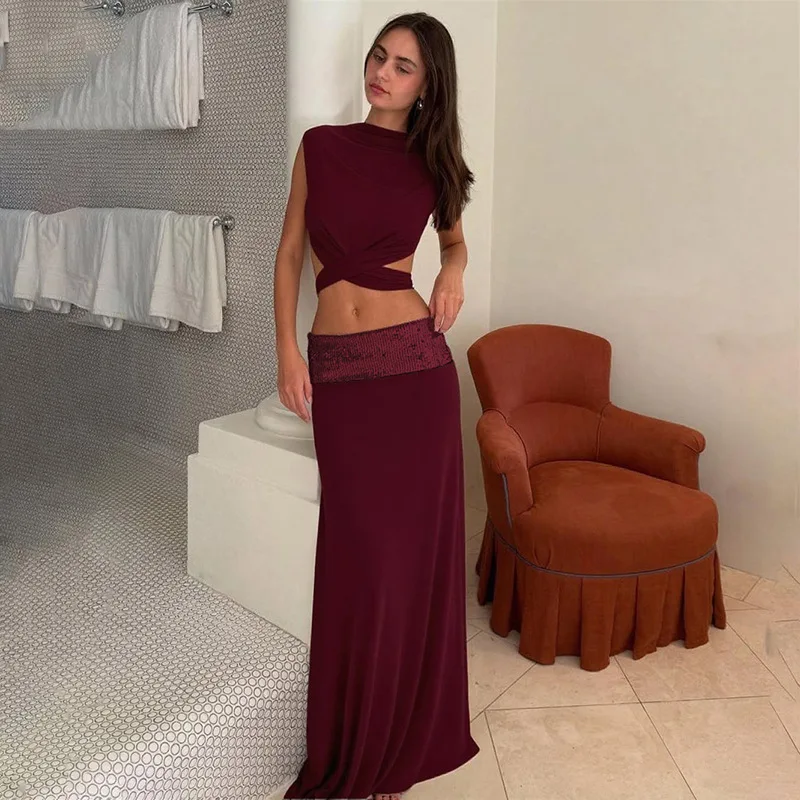 

Модный костюм с длинной юбкой и круглым вырезом, женский топ с открытой спиной и открытой спиной, макси-юбки с блестками, новинка 2023 года, летний женский комплект из 2 предметов, наряды