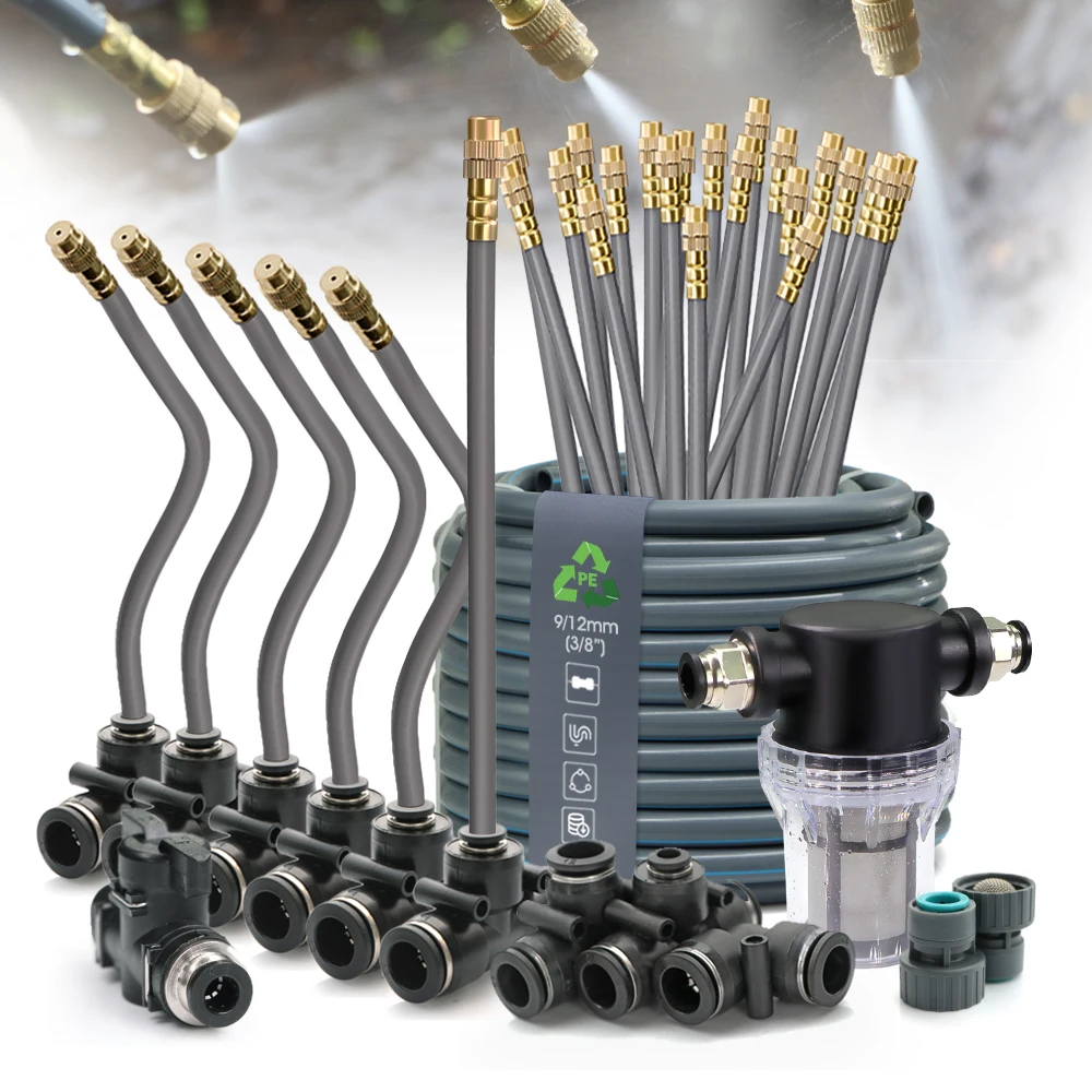 

3/8" 9/12mm Misting Cooling System 360° Free-bend Nozzles Atomization Sprayers PE Hose 80mesh Filter Garden Irrigation Watering