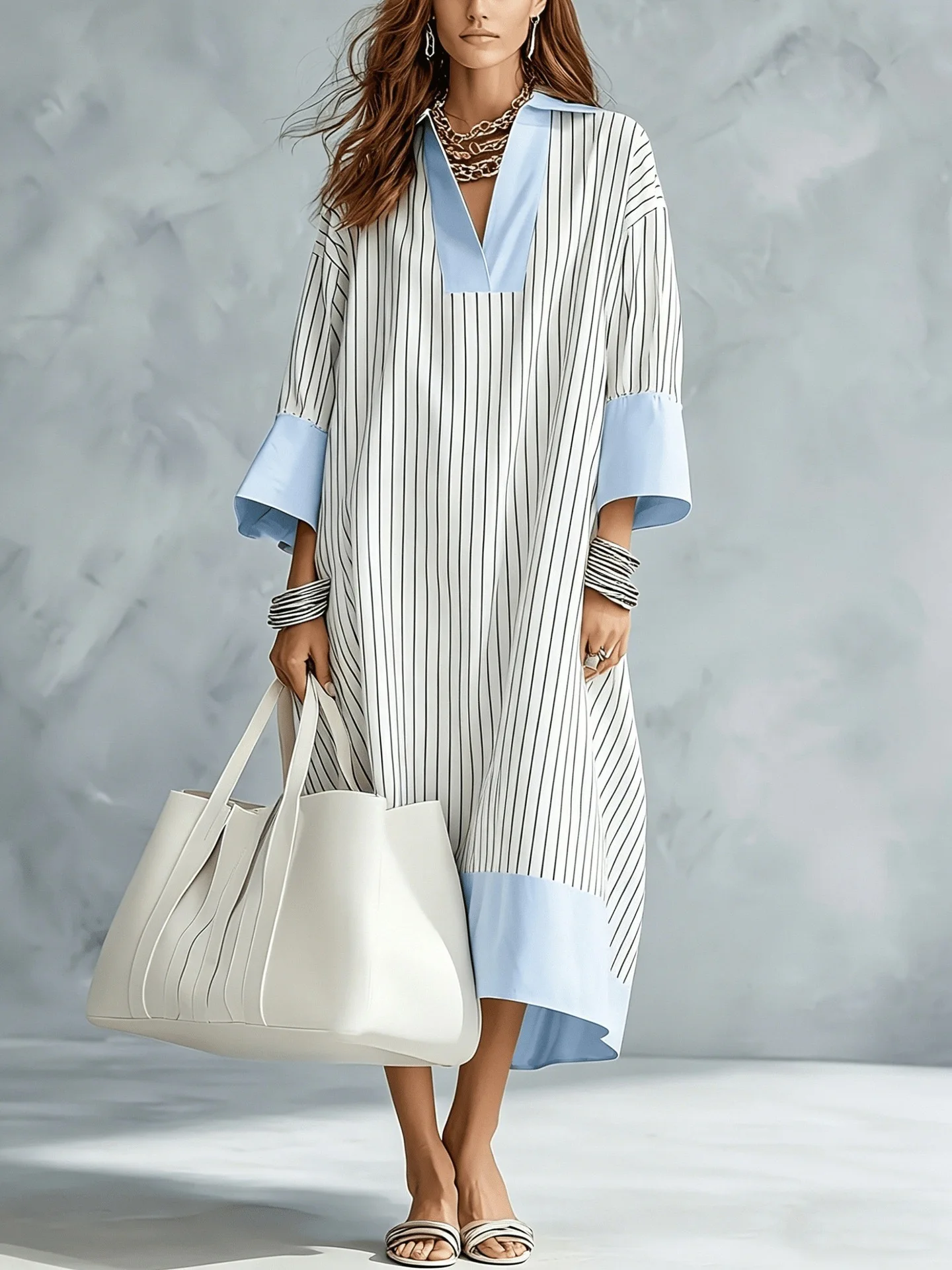 English：European American Color Block Placket Hem Striped Oversized Dress, Casual Commuter Loose Fit Midi Shirt Dress