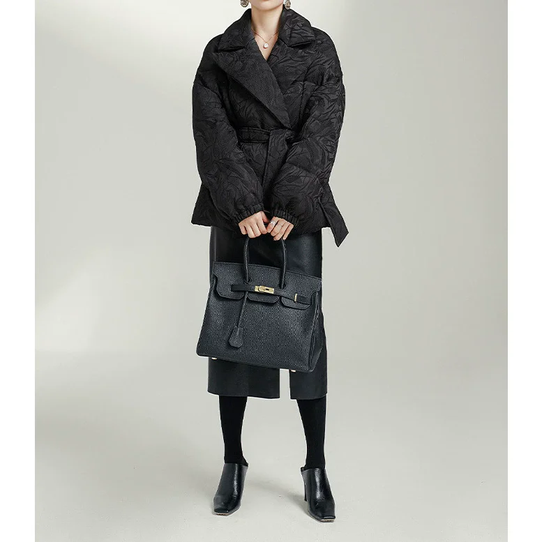 High End Goose Down Clothing With Dark Floral Patterns Waist White Goose Down Short style Down Jacket Women's High-end Women's