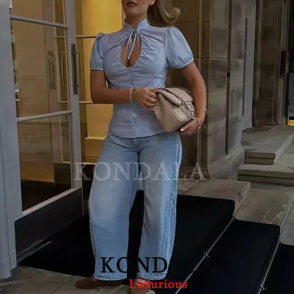 KONDALA High Street Casual Chic Damen-Top Blau O-Ausschnitt Knopfleiste Schleife Kurzarm Kurzes Oberteil Mode 2026 Frühling Sommer Urlaubs-Top