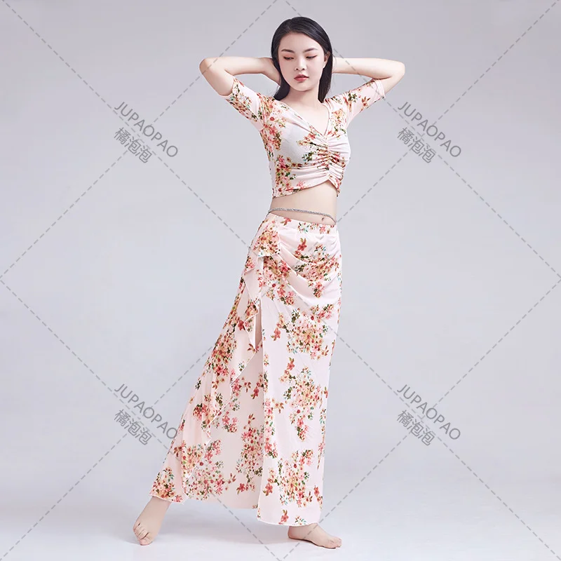 2023 New Spring/Summer Belly Dance Floral Print Training Suit, Large Size Slim Oriental Dance Show Clothes