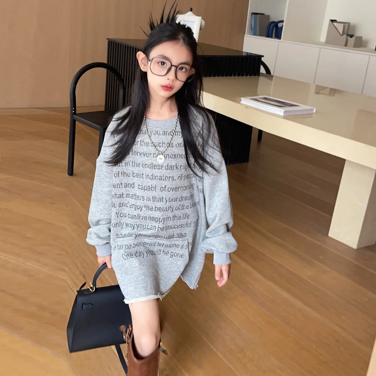 Spring Autumn School Girl Long Sweatshirt Dress Teenager Girl Retro O-neck Printed Hooded Pullover Junior Girl Sport Dress