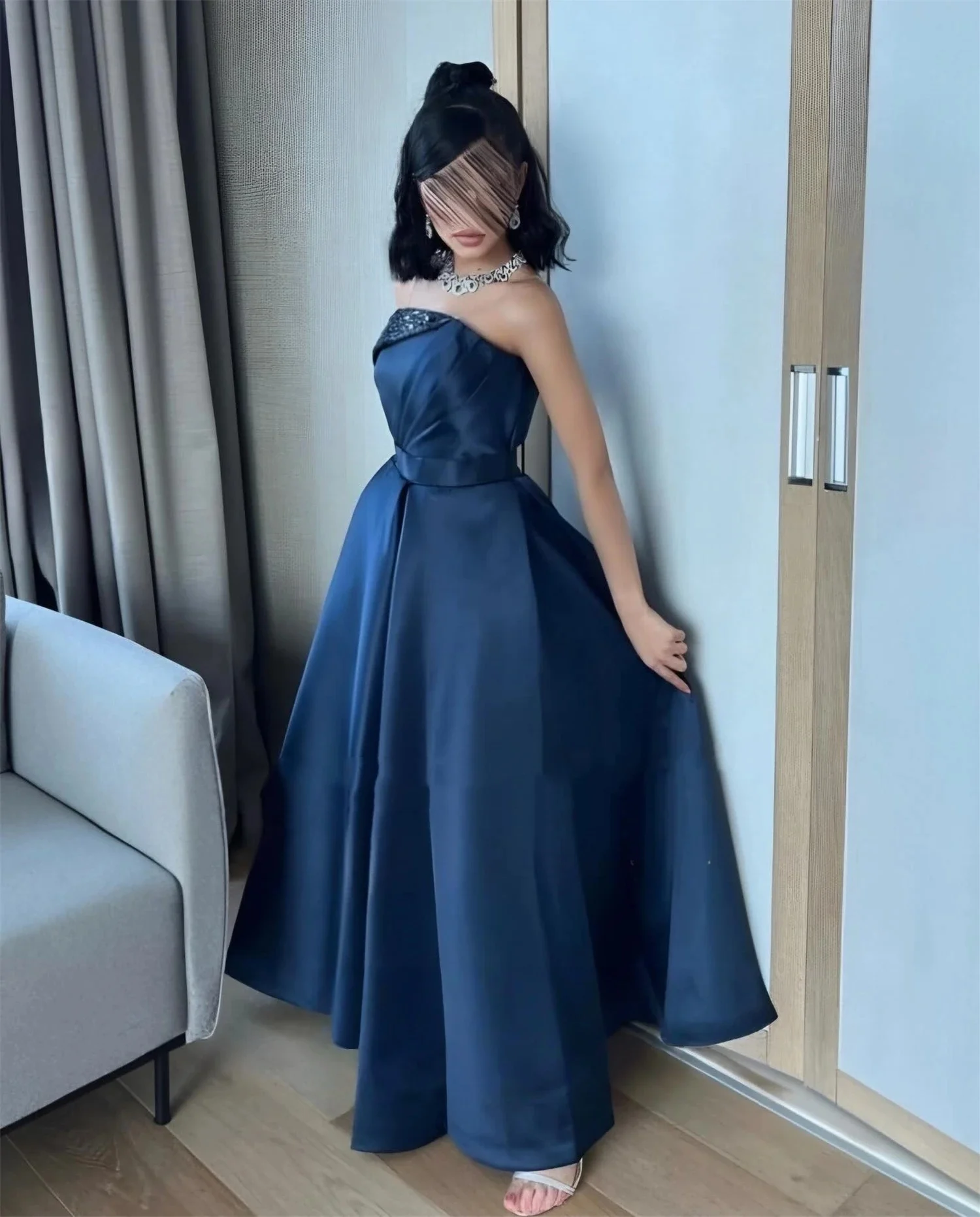 Granatowa długa suknia na zamówienie na specjalną okazję, suknie wieczorowe, pastorał, unisex, dżersej, retro, Dubaj, Arabia Saudyjska, Izrael, studniówka, szyta na miarę