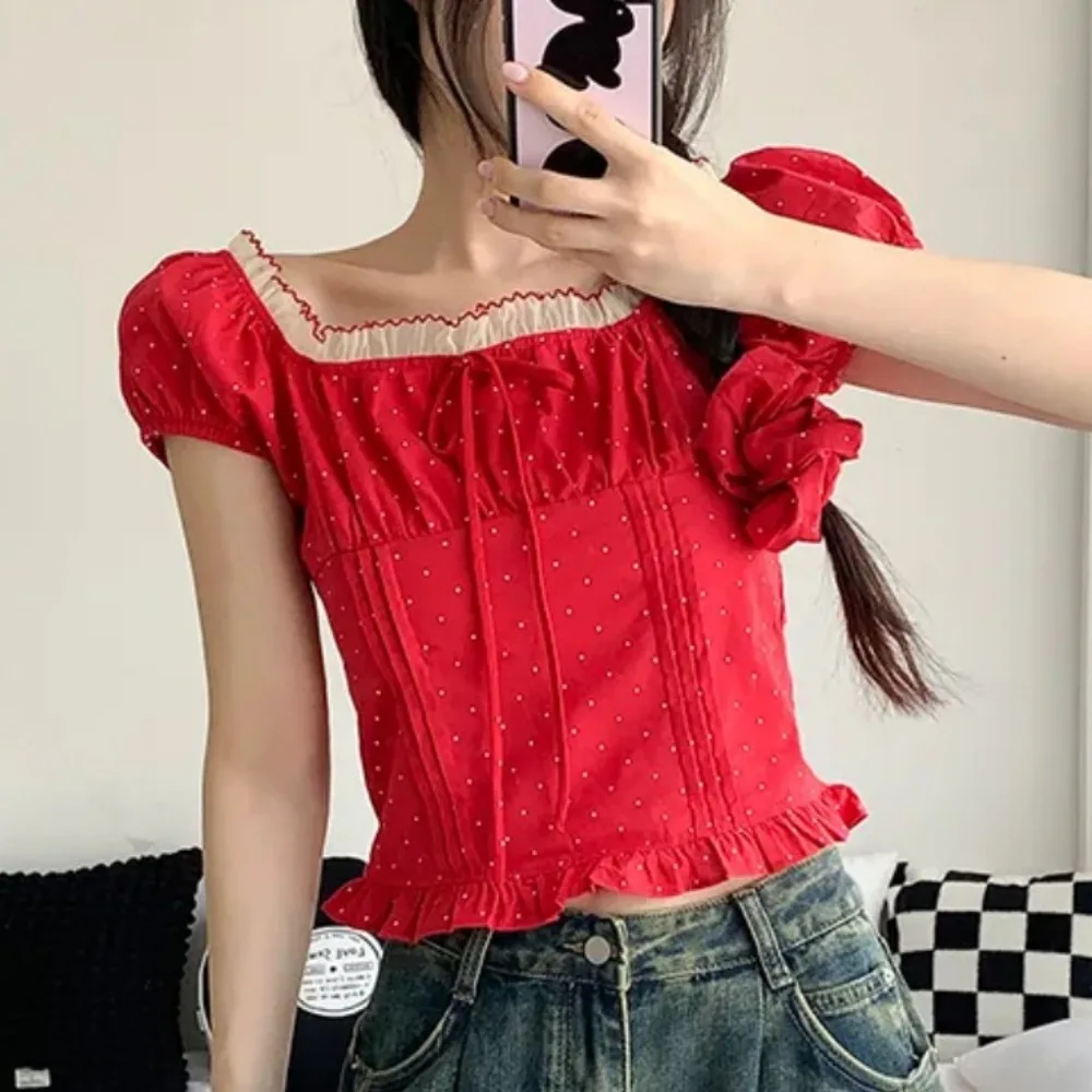 

Шикарный летний женский топ в горошек с кружевной отделкой и квадратным воротником Ne Knot, повседневная юбка из полиэфирного волокна