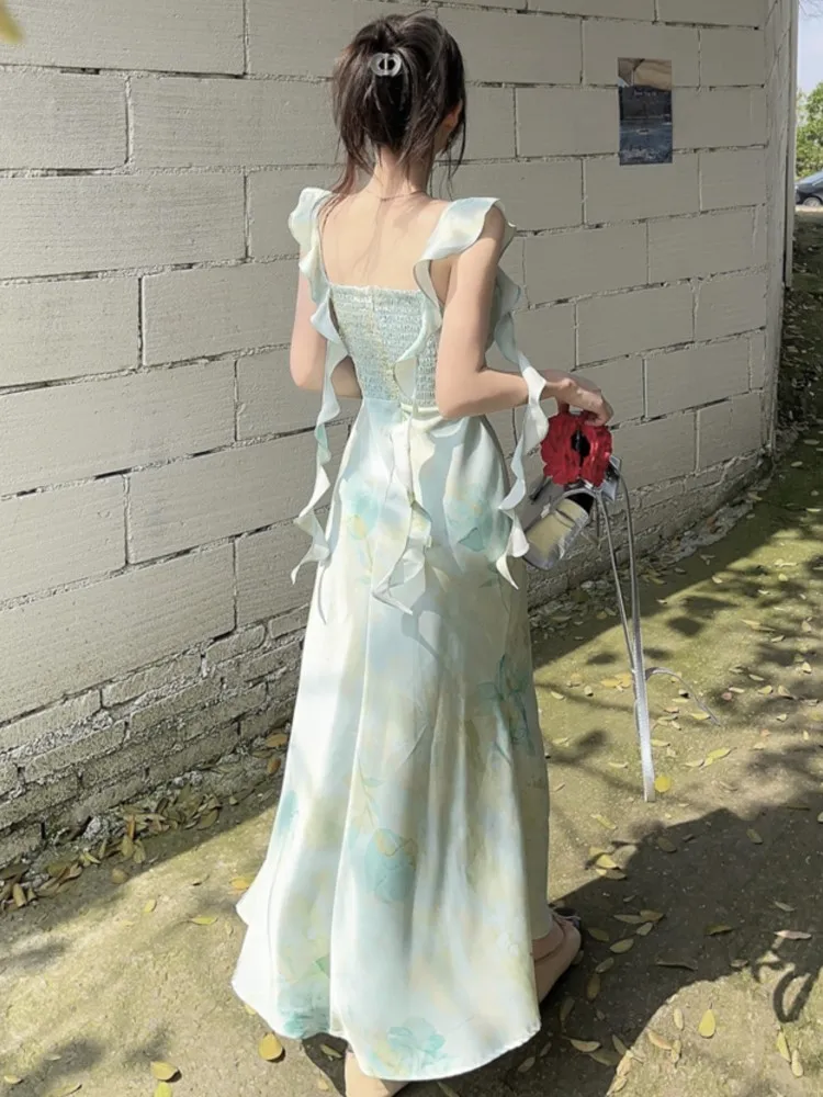 Elegante doce cetim impressão vestidos da mulher verão coreano nova moda cinta babados chique a linha festa férias praia feminino